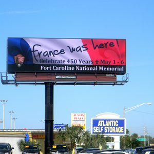 A billboard for the 450th anniversary of Jean Ribault's landing.